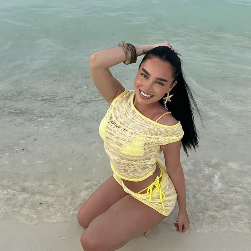 Elegant Sleeveless Top Striped Shorts Beach Holiday Two Piece Set