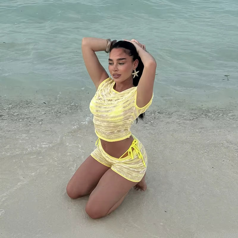 Elegant Sleeveless Top Striped Shorts Beach Holiday Two Piece Set