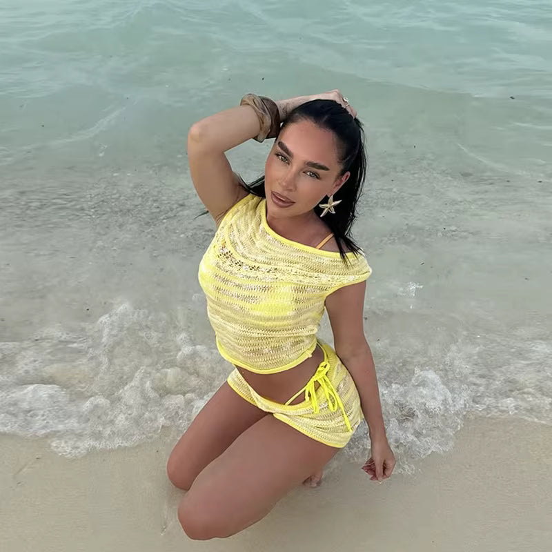 Elegant Sleeveless Top Striped Shorts Beach Holiday Two Piece Set