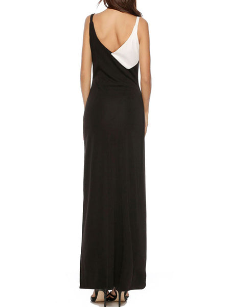 Sleeveless Two-Tone V-Neck Split Front Layered Polyester Floor Length Maxi Dress