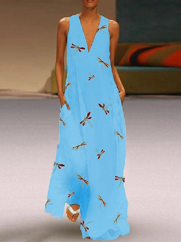 Sleeveless V-neck Floral Print Maxi Dress