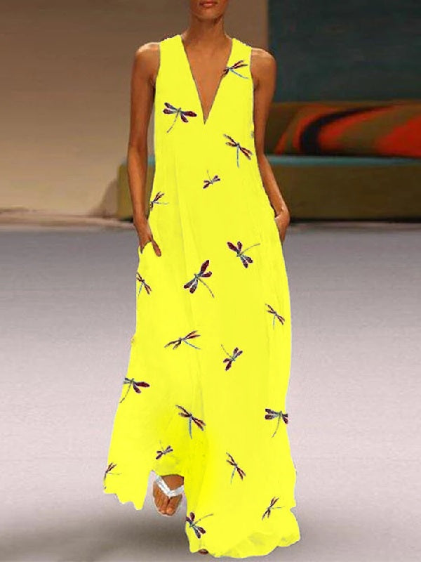 Sleeveless V-neck Floral Print Maxi Dress