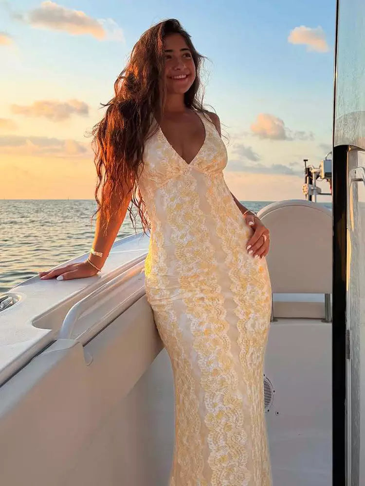Sleeveless With Deep V-Neck Open Back Lace Maxi Dress