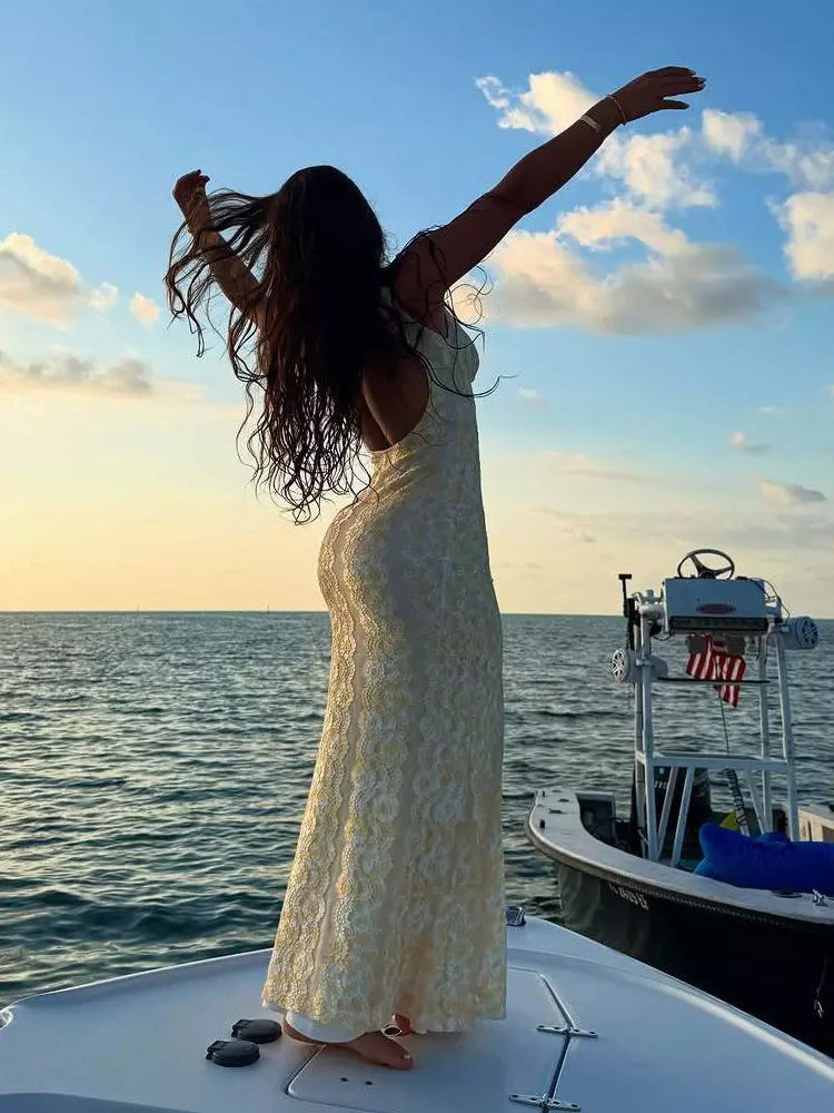 Sleeveless With Deep V-Neck Open Back Lace Maxi Dress