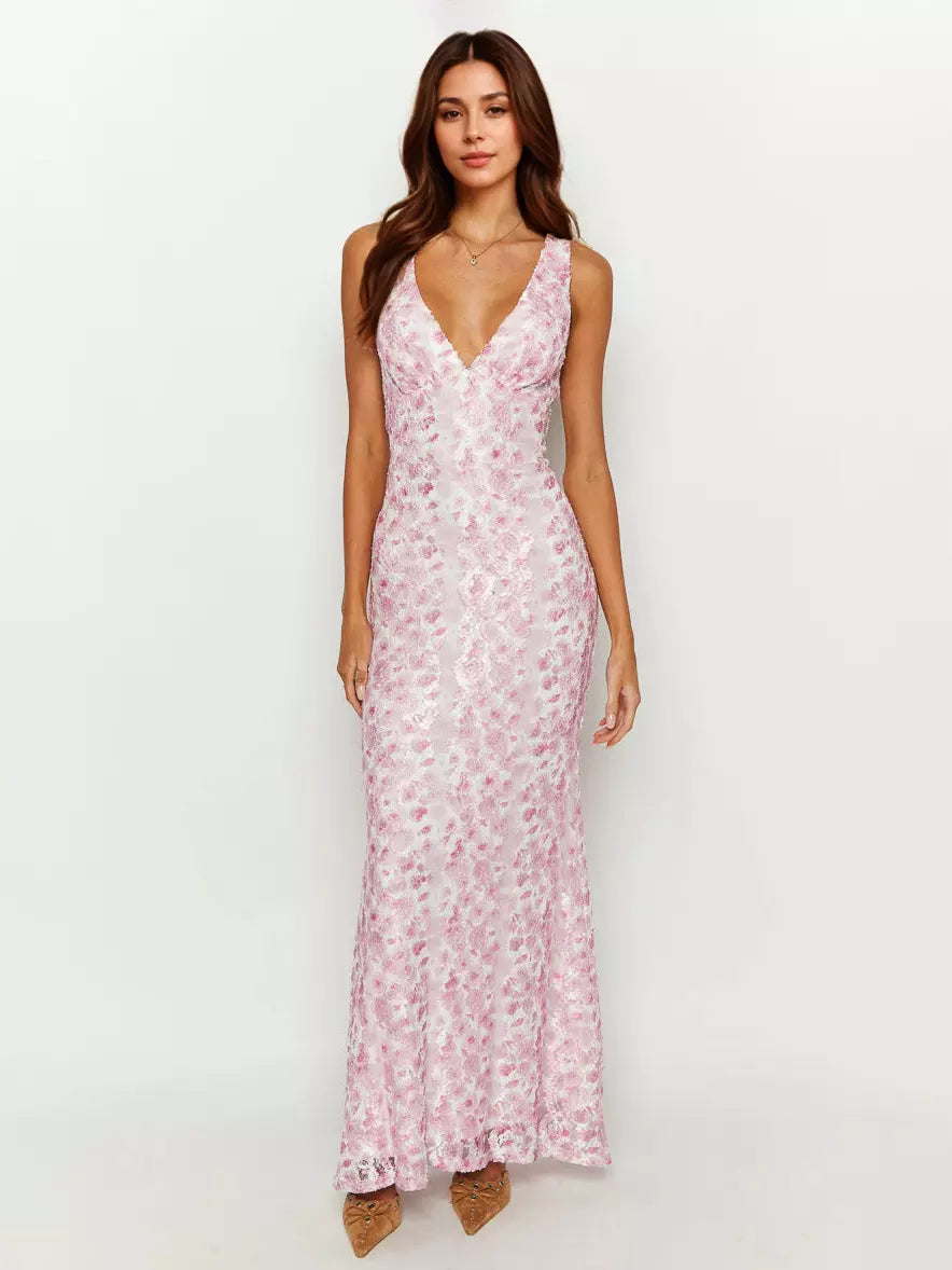 Sleeveless With Deep V-Neck Open Back Lace Maxi Dress