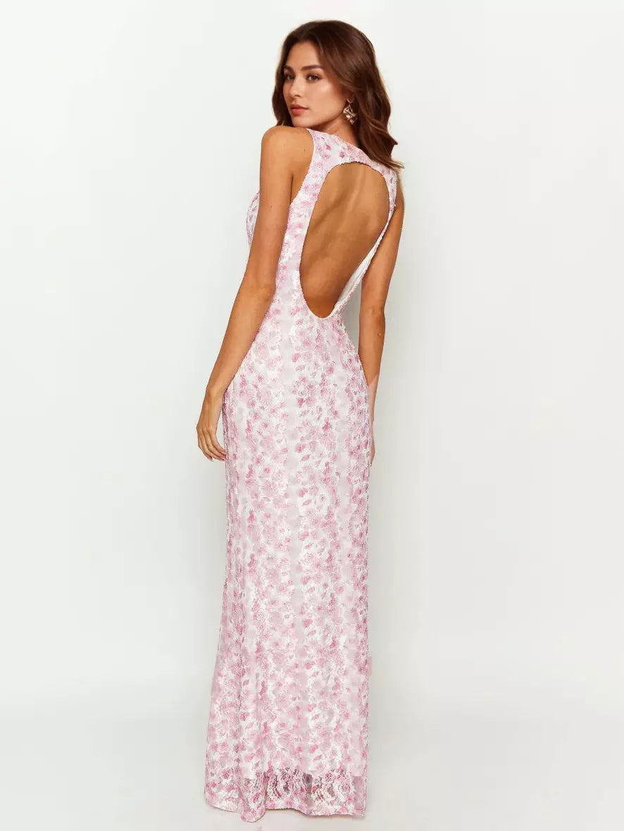 Sleeveless With Deep V-Neck Open Back Lace Maxi Dress