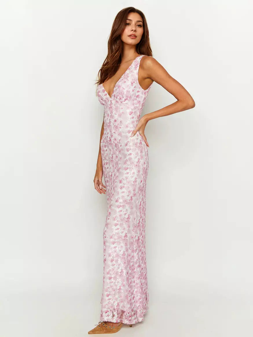 Sleeveless With Deep V-Neck Open Back Lace Maxi Dress