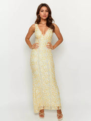 Sleeveless With Deep V-Neck Open Back Lace Maxi Dress