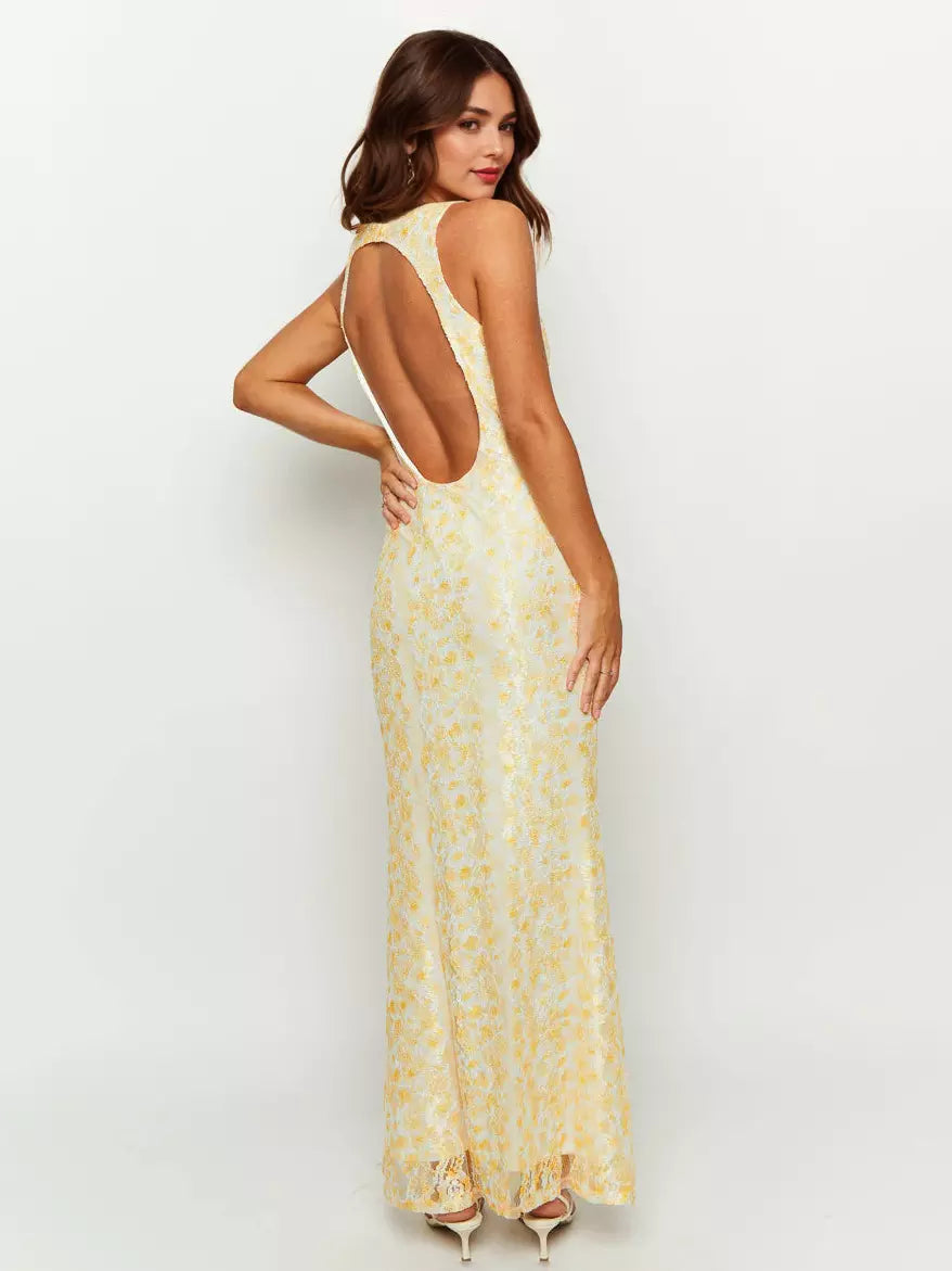 Sleeveless With Deep V-Neck Open Back Lace Maxi Dress