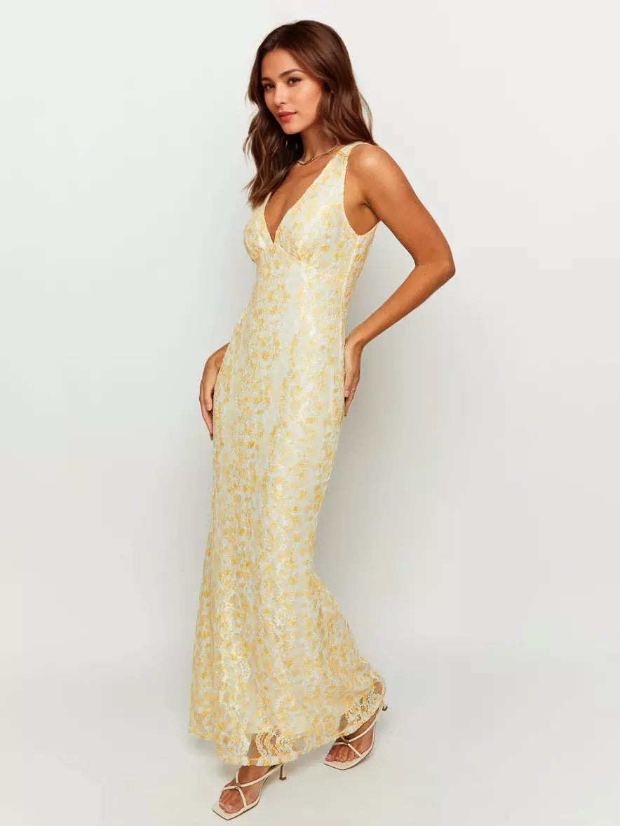 Sleeveless With Deep V-Neck Open Back Lace Maxi Dress