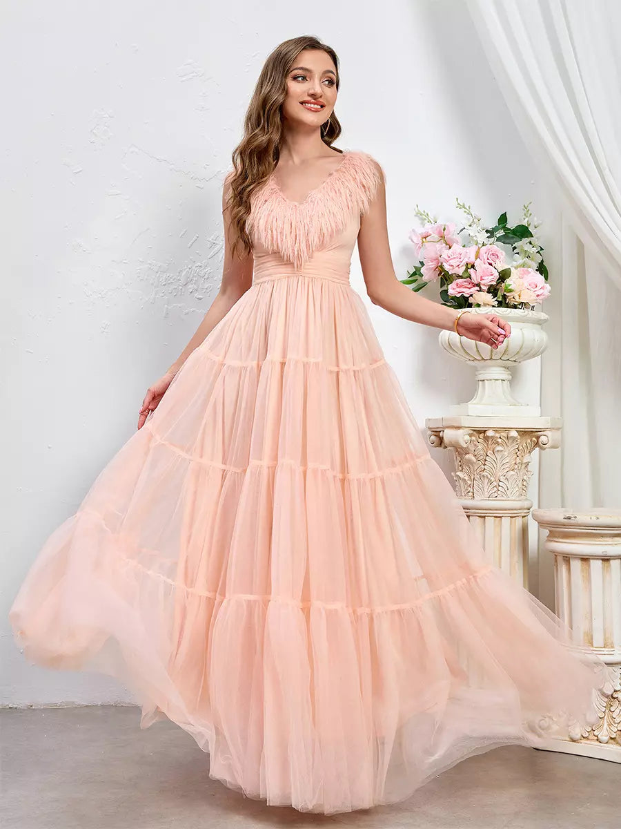 Sleeveless With Feather Trim And Tiered Tulle Maxi Party Dress