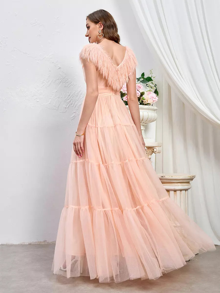 Sleeveless With Feather Trim And Tiered Tulle Maxi Party Dress