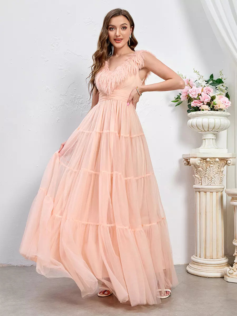 Sleeveless With Feather Trim And Tiered Tulle Maxi Party Dress