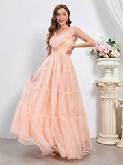 Sleeveless With Feather Trim And Tiered Tulle Maxi Party Dress