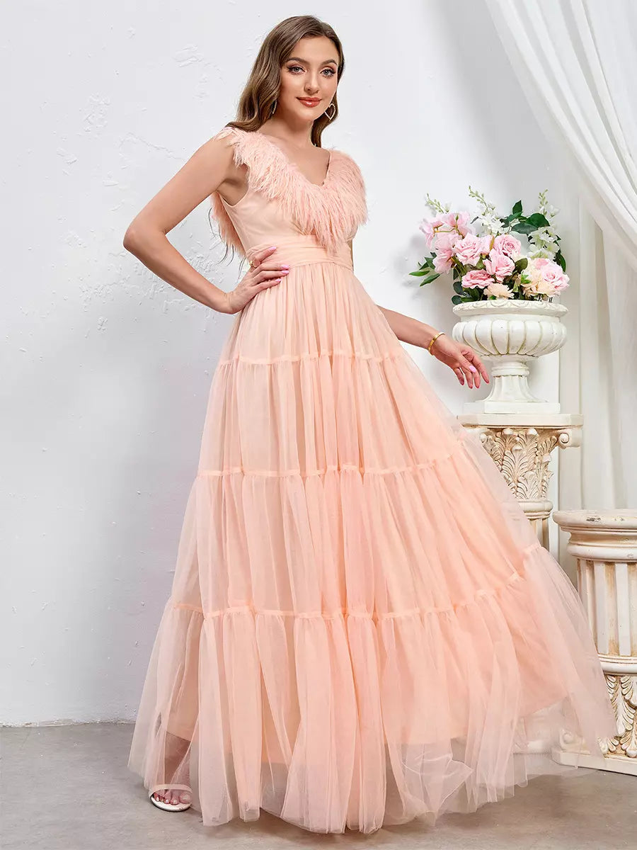 Sleeveless With Feather Trim And Tiered Tulle Maxi Party Dress