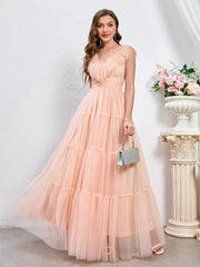 Sleeveless With Feather Trim And Tiered Tulle Maxi Party Dress