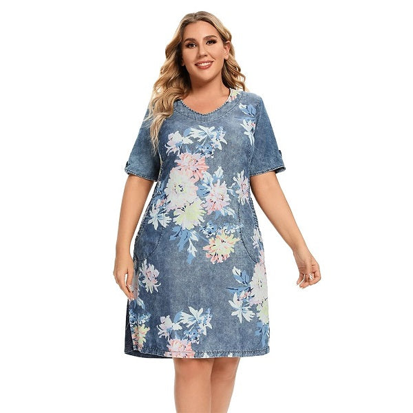 Slim Fit Dress Printed Denim Short Sleeve Knee-Length