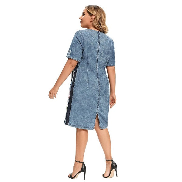 Slim Fit Dress Printed Denim Short Sleeve Knee-Length