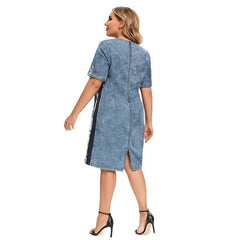 Slim Fit Dress Printed Denim Short Sleeve Knee-Length