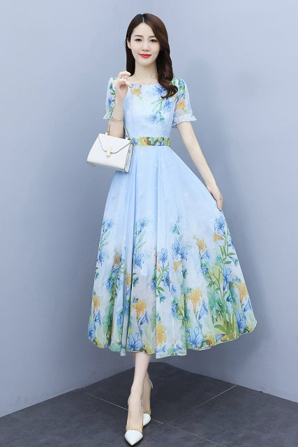 Slim Floral Puff Sleeve O-neck Thin Chiffon Dresses