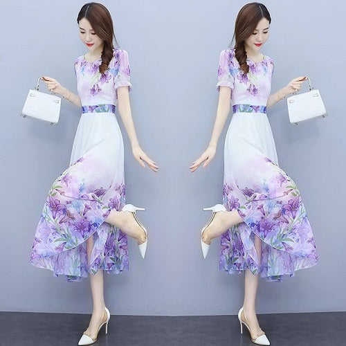 Slim Floral Puff Sleeve O-neck Thin Chiffon Dresses