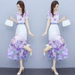 Slim Floral Puff Sleeve O-neck Thin Chiffon Dresses
