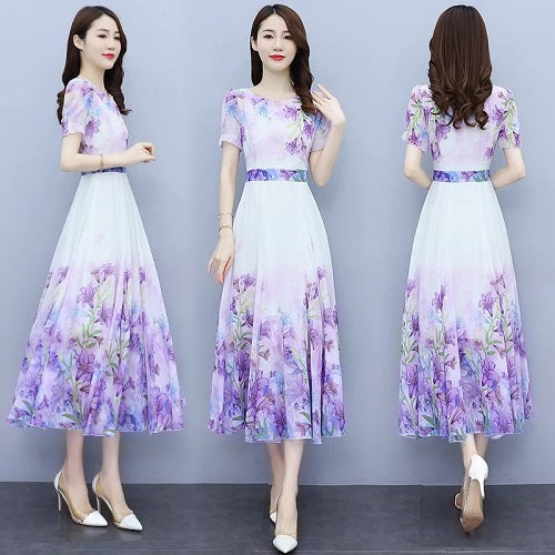 Slim Floral Puff Sleeve O-neck Thin Chiffon Dresses