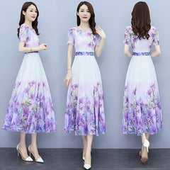 Slim Floral Puff Sleeve O-neck Thin Chiffon Dresses