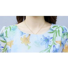 Slim Floral Puff Sleeve O-neck Thin Chiffon Dresses