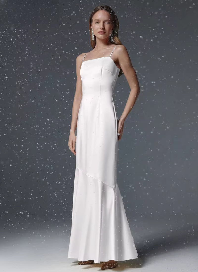 Slim Satin Strap Sleeveless Solid Elegant Classic Ankle Length Dresses
