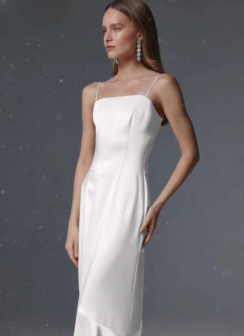 Slim Satin Strap Sleeveless Solid Elegant Classic Ankle Length Dresses