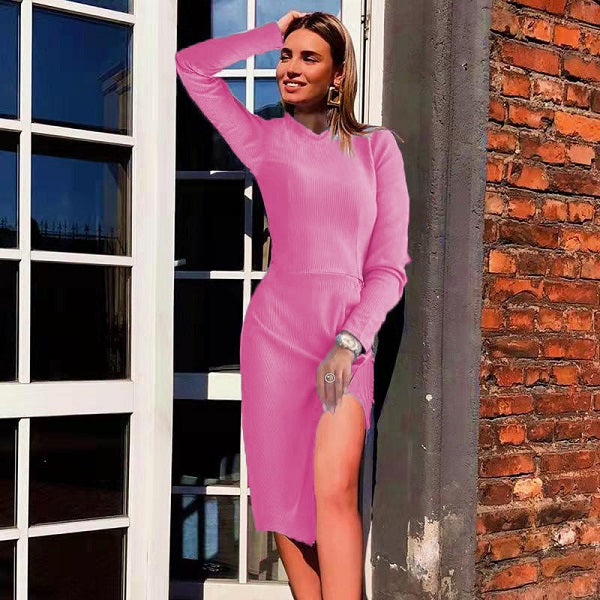 Slim Solid Color Long-Sleeved Side-slit Knitted Dress