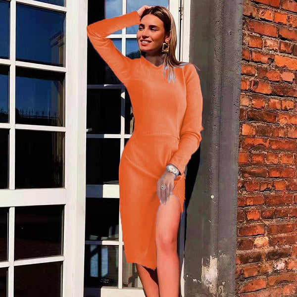 Slim Solid Color Long-Sleeved Side-slit Knitted Dress