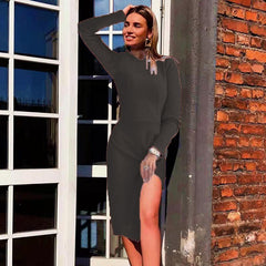 Slim Solid Color Long-Sleeved Side-slit Knitted Dress