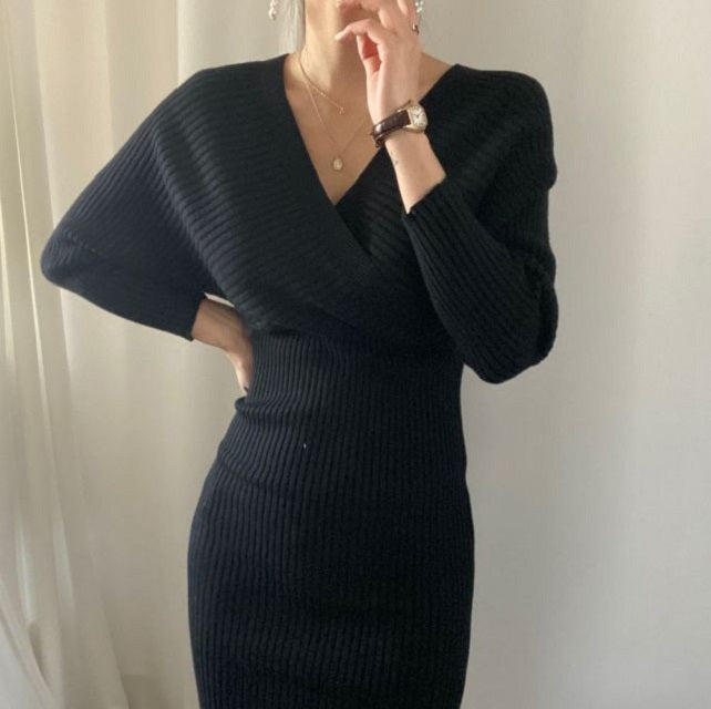 Slim Waist V Neck Knitted Dress Shoulder Long Sleeve Sweater Solid