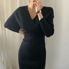 Slim Waist V Neck Knitted Dress Shoulder Long Sleeve Sweater Solid