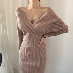 Slim Waist V Neck Knitted Dress Shoulder Long Sleeve Sweater Solid