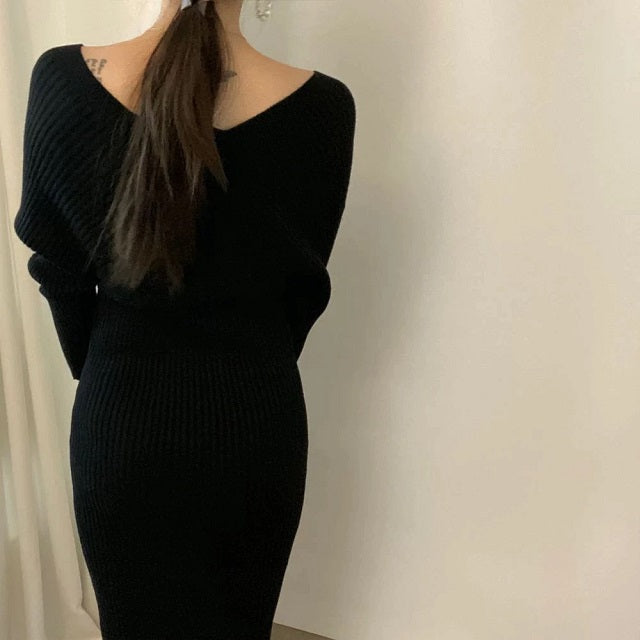 Slim Waist V Neck Knitted Dress Shoulder Long Sleeve Sweater Solid