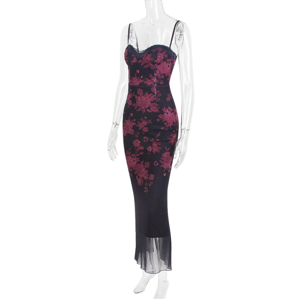 Slim Wedding Guest Dress Mesh Spaghetti Strap Floral Print Maxi Prom Dress Evening Party Dresses