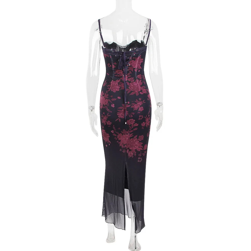 Slim Wedding Guest Dress Mesh Spaghetti Strap Floral Print Maxi Prom Dress Evening Party Dresses