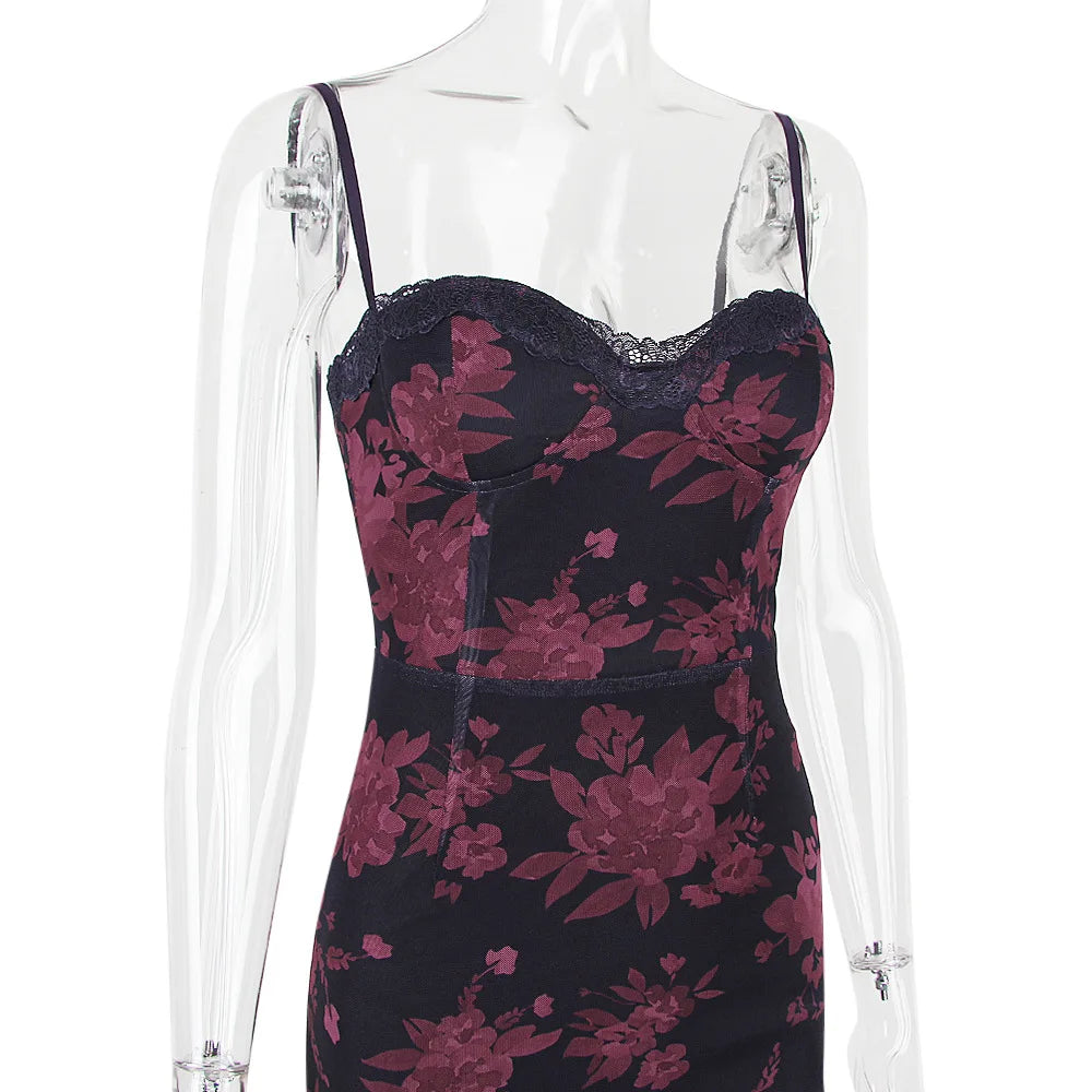 Slim Wedding Guest Dress Mesh Spaghetti Strap Floral Print Maxi Prom Dress Evening Party Dresses