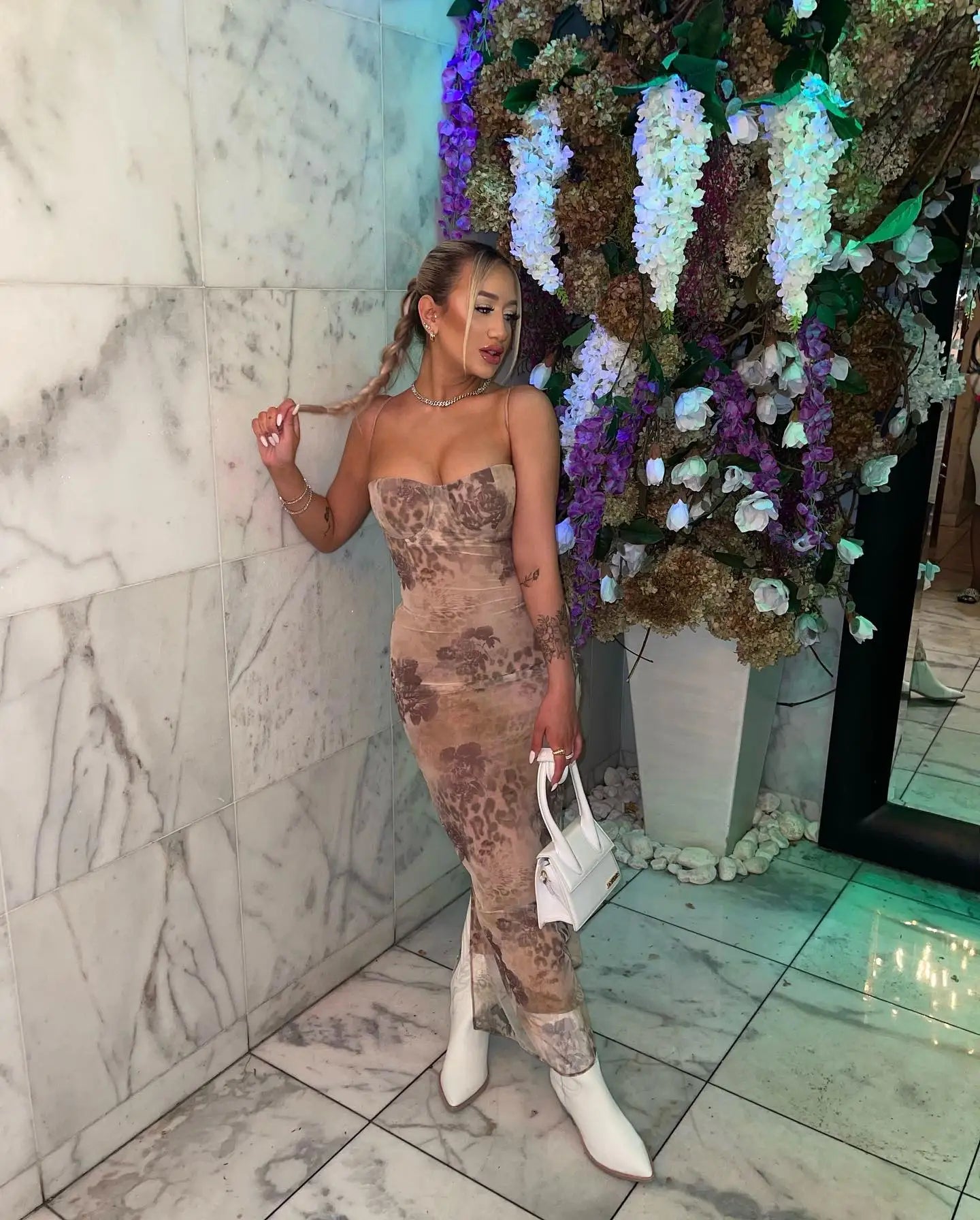 Slim Wedding Guest Dress Mesh Spaghetti Strap Floral Print Maxi Prom Dress Evening Party Dresses