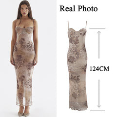 Slim Wedding Guest Dress Mesh Spaghetti Strap Floral Print Maxi Prom Dress Evening Party Dresses