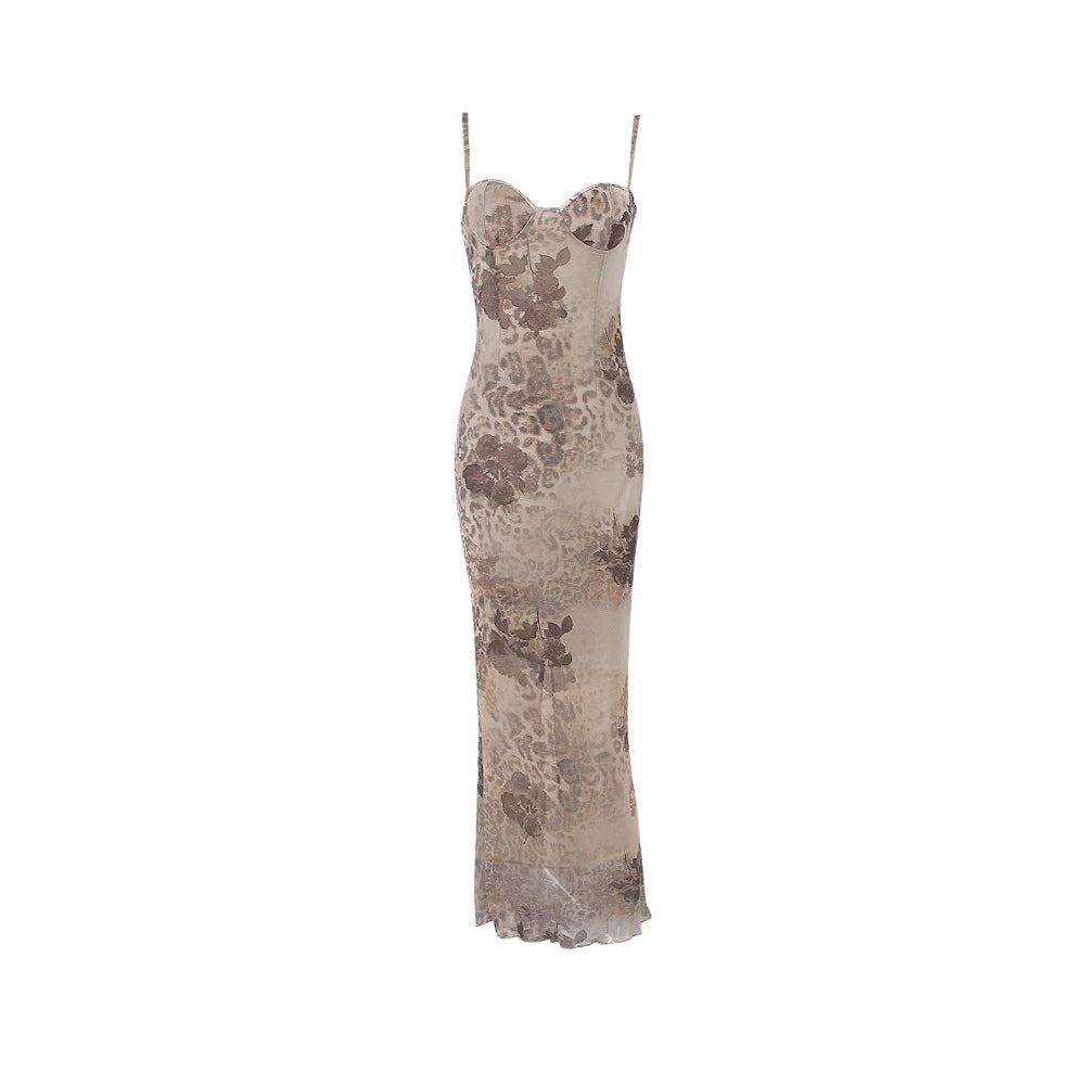 Slim Wedding Guest Dress Mesh Spaghetti Strap Floral Print Maxi Prom Dress Evening Party Dresses
