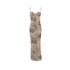 Slim Wedding Guest Dress Mesh Spaghetti Strap Floral Print Maxi Prom Dress Evening Party Dresses