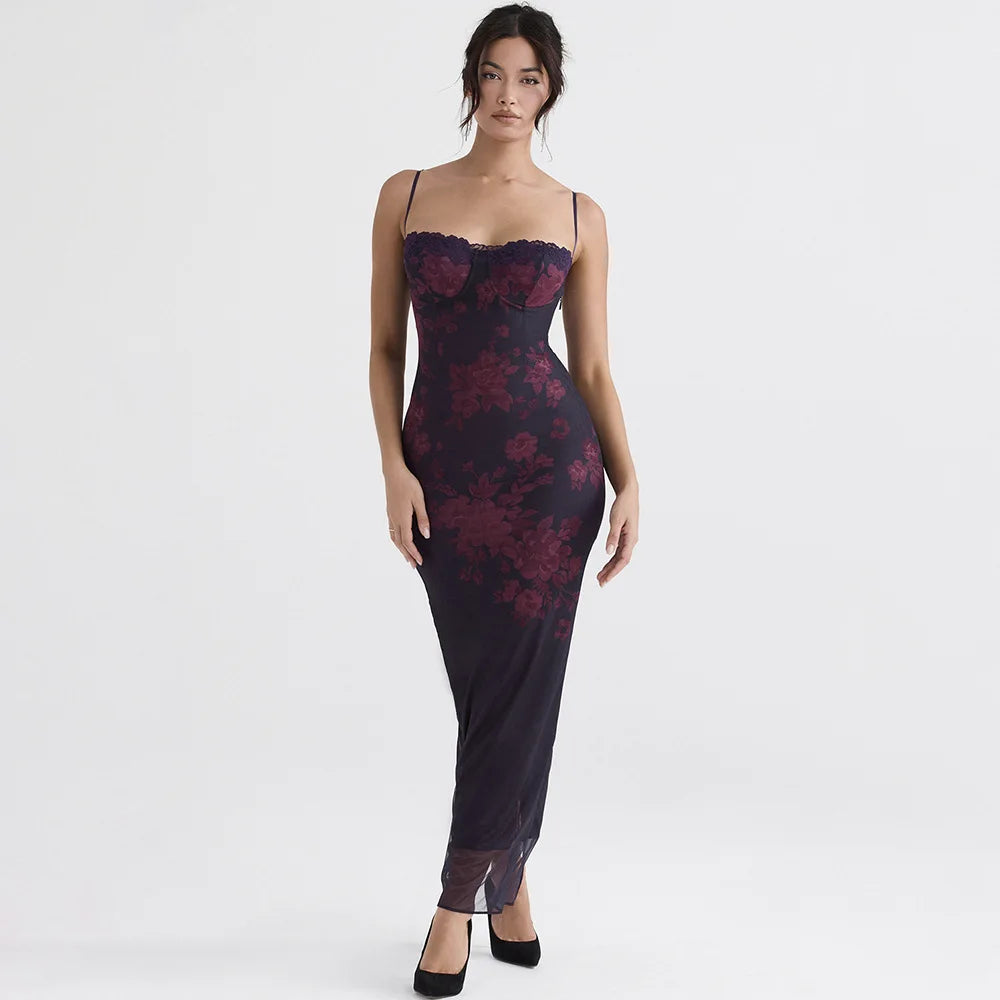 Slim Wedding Guest Dress Mesh Spaghetti Strap Floral Print Maxi Prom Dress Evening Party Dresses