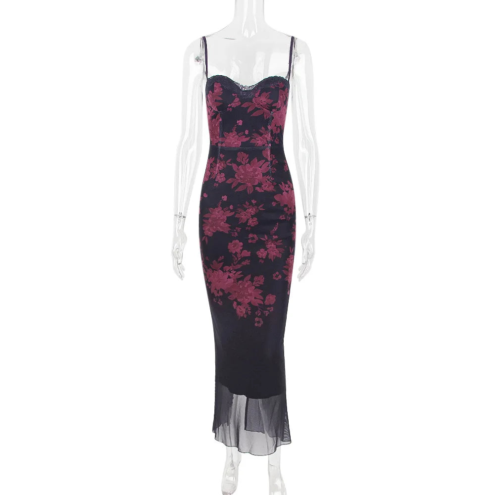 Slim Wedding Guest Dress Mesh Spaghetti Strap Floral Print Maxi Prom Dress Evening Party Dresses