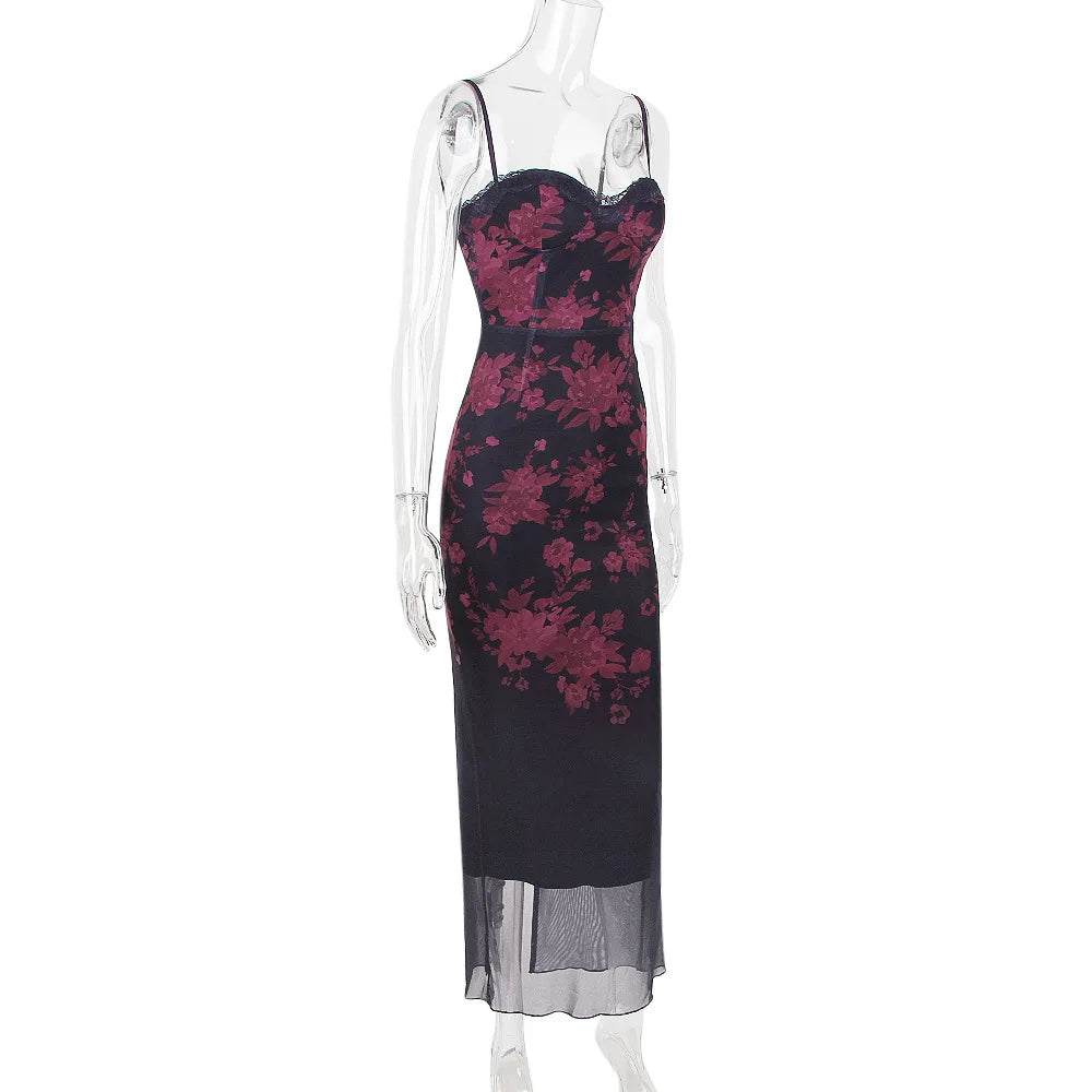 Slim Wedding Guest Dress Mesh Spaghetti Strap Floral Print Maxi Prom Dress Evening Party Dresses