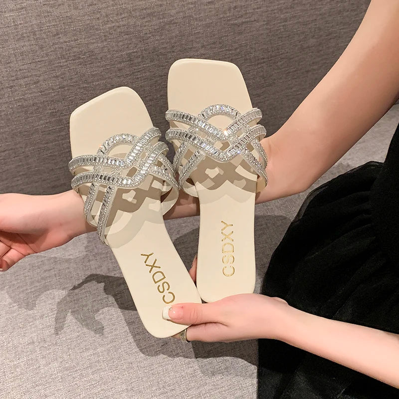 Slipper Luxury Design Womens Rhinestone Flat Outdoor Ladies Slippers Casual Party Beach Flip Flops