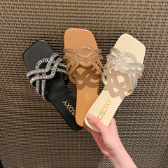 Slipper Luxury Design Womens Rhinestone Flat Outdoor Ladies Slippers Casual Party Beach Flip Flops